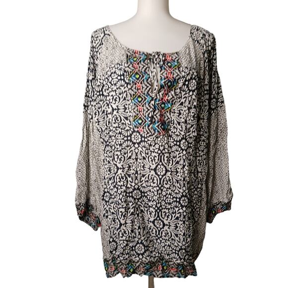 Kyla Seo Patchwork Style Scroll Pattern Tunic Popover Blouse Plus Size XXL - Picture 1 of 9